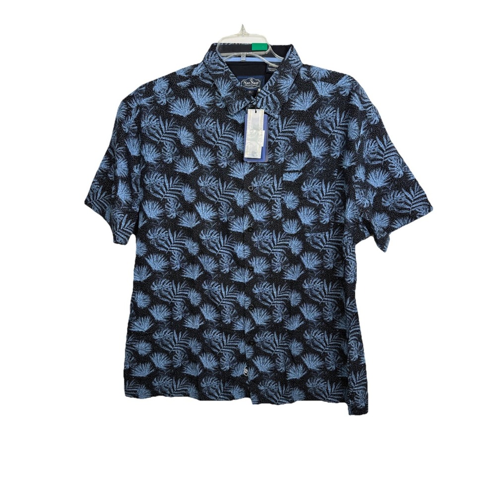 NWT Nat Nast Mens Size XL Black Blue Silk‎ Blend Hawaiian Palm Trees Shirt